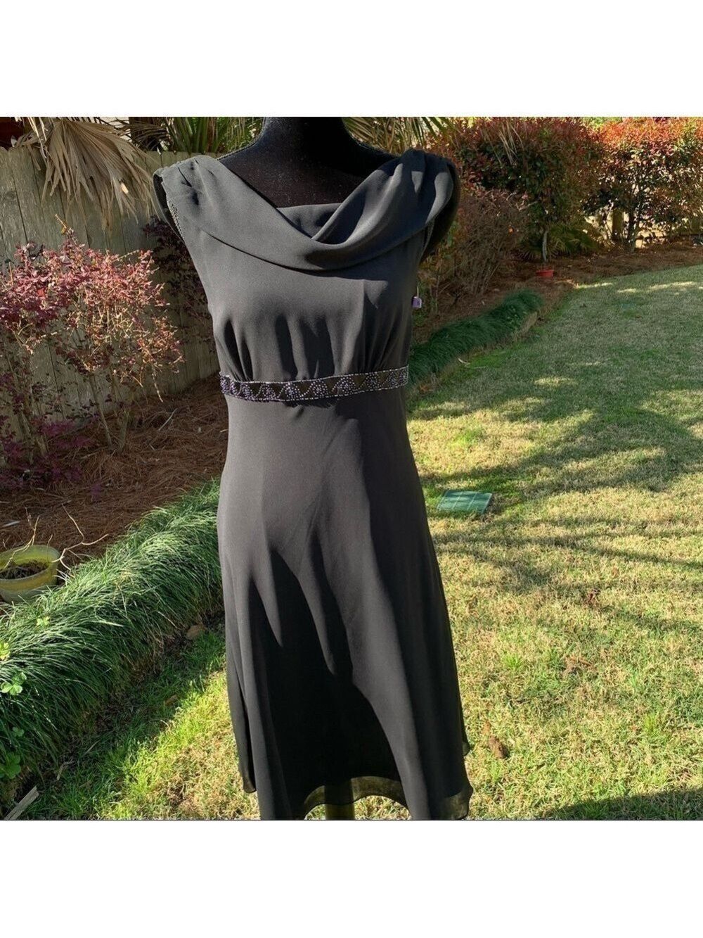 BICE black midi dress draped cowl neck empire beaded waist flowy dress Size 8